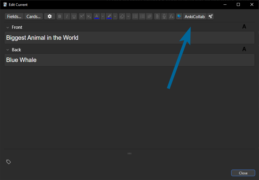A blue arrow pointing to the AnkiCollab button in the Anki editor window.