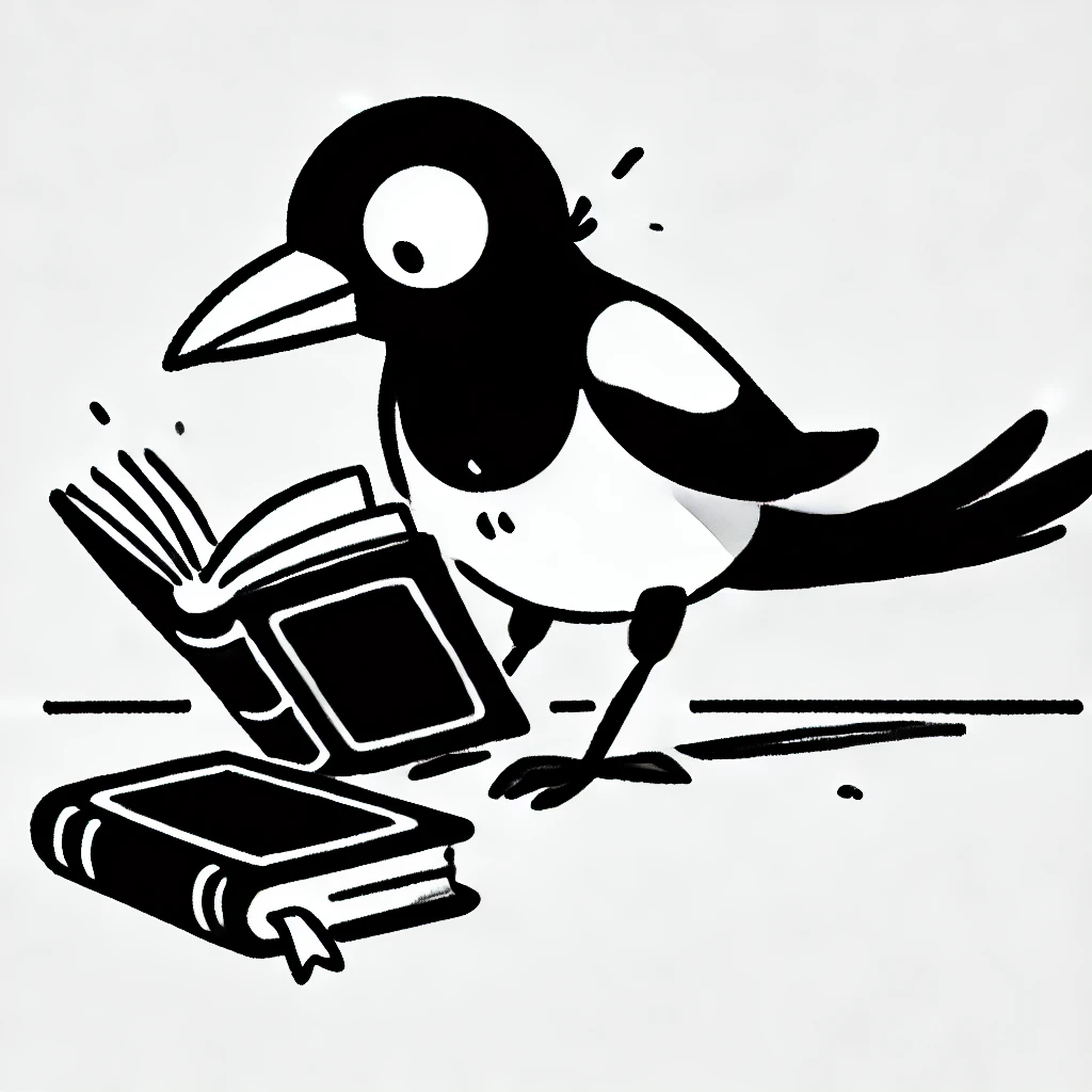 Drawing of a magpie reading books