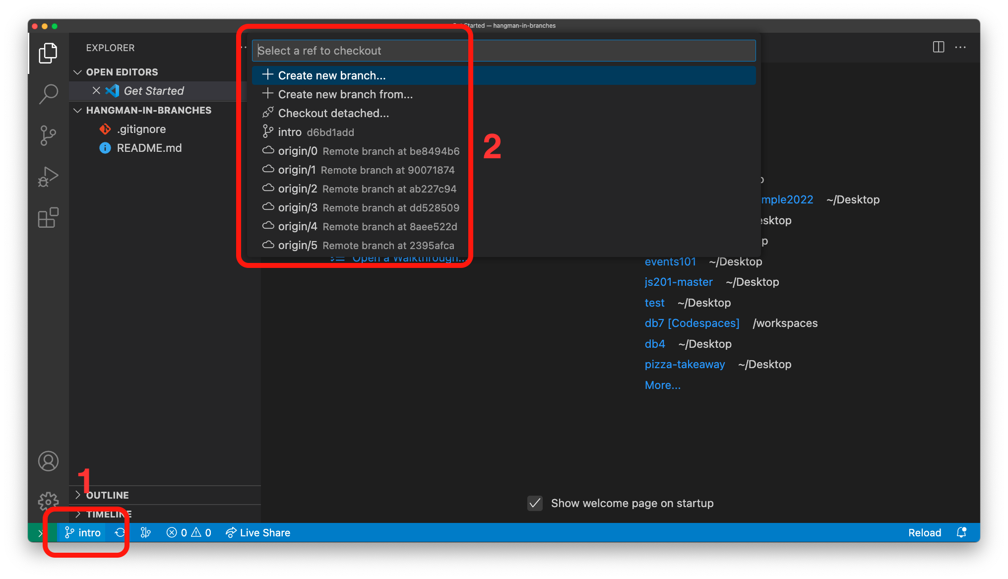 Switching branches in Visual Studio Code