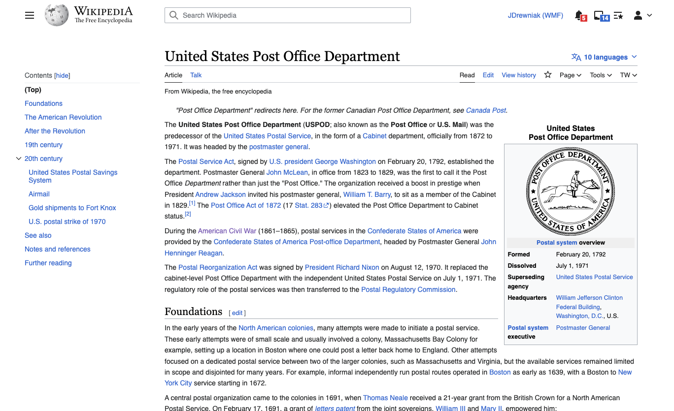 Screenshot of wide table of contents on English wikipedia