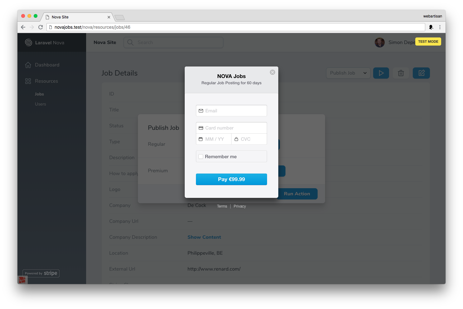 screenshot of the Stripe Checkout Button field in action