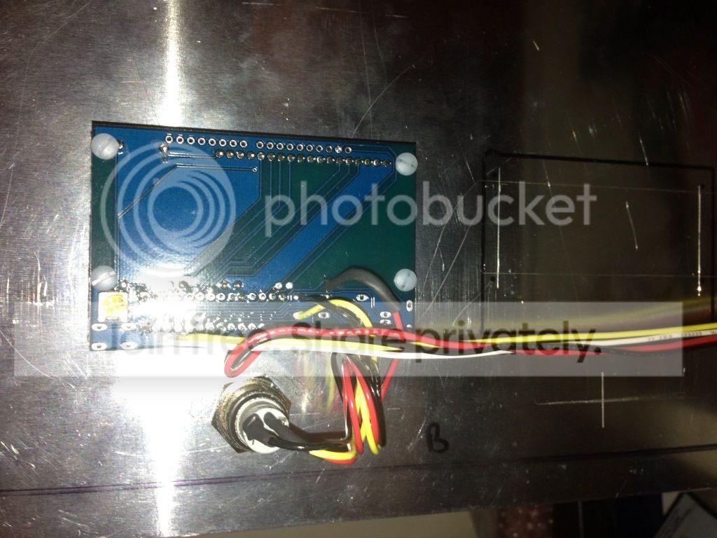 AdaFruit RGB LCD display and "select" button mounted on internal aluminum cover in NEMA enclosure, space for a 2nd LCD display planned out as well - dual J-1772 possible someday, Uploaded from the Photobucket iPhone App