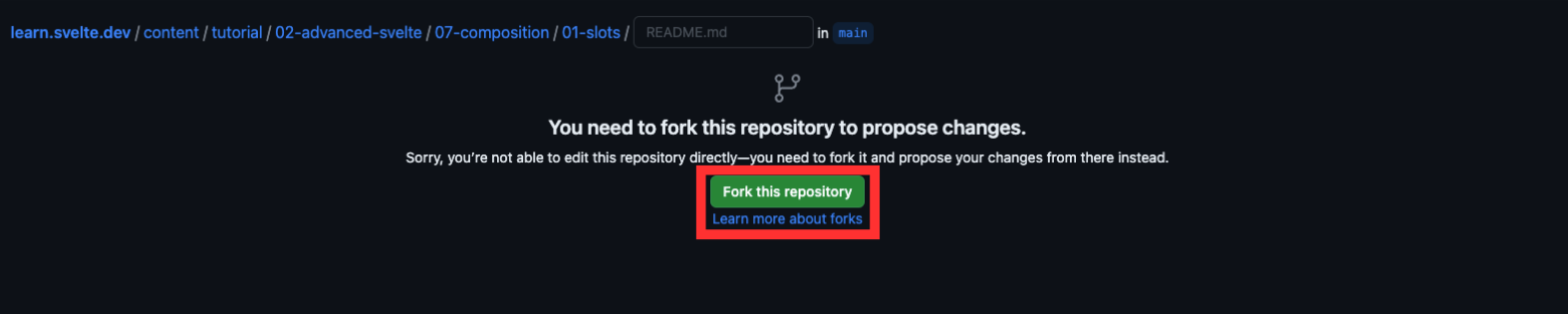 learn.svelte.dev on the GitHub website, prompt to fork the repository.