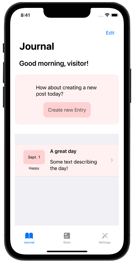 Journal App Screen with entry