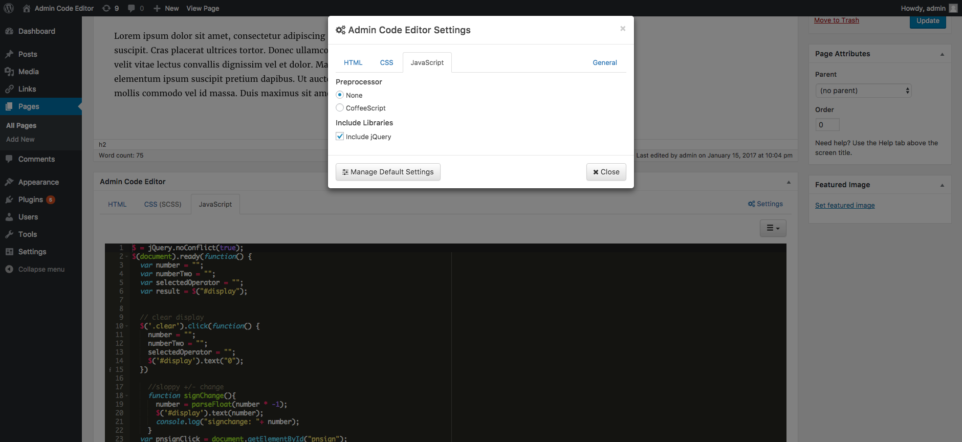 Settings modal window with the JavaScript tab active.