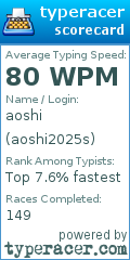 TypeRacer.com scorecard for user aoshi2025s