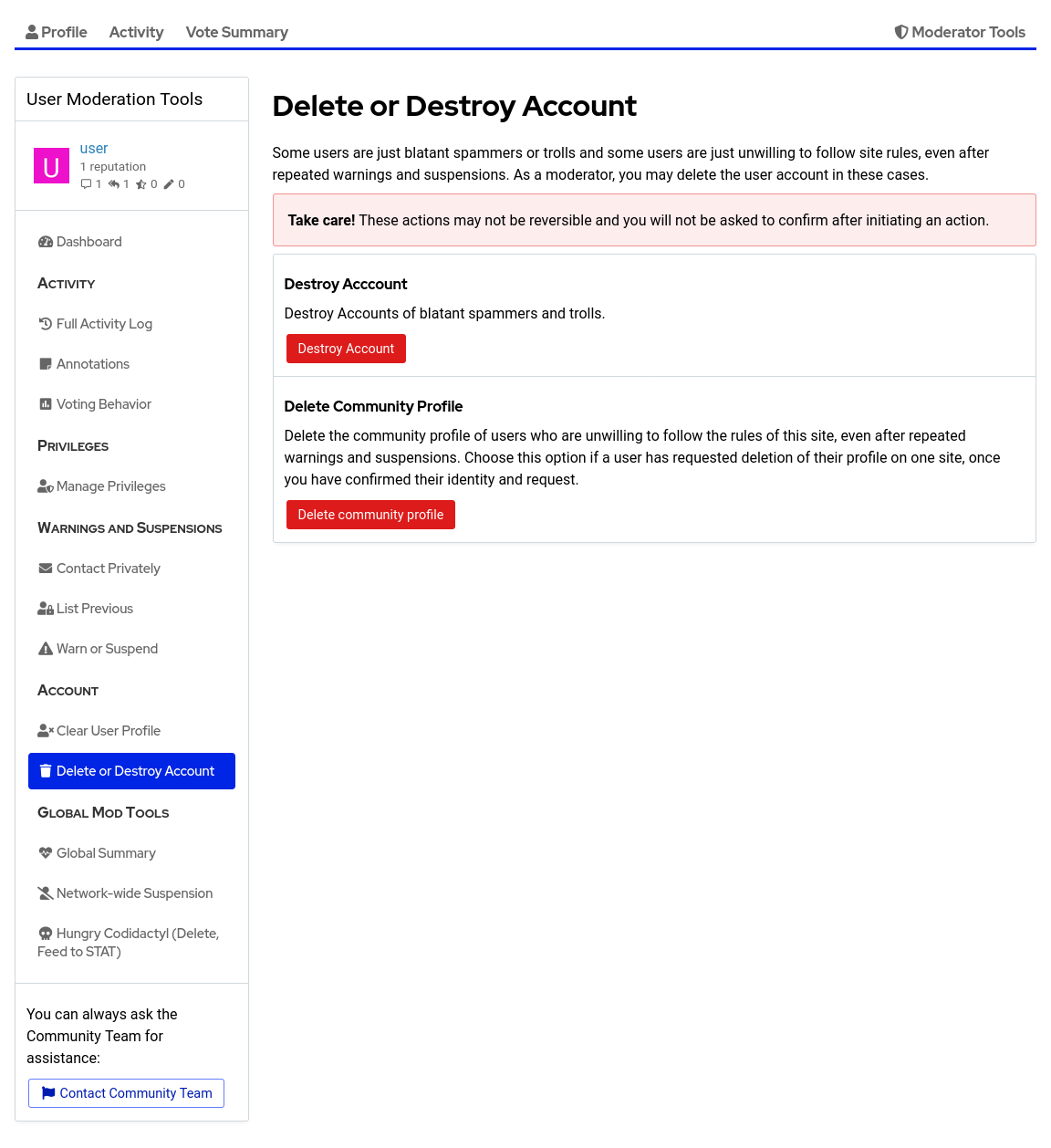 New Delete or Destroy Account section