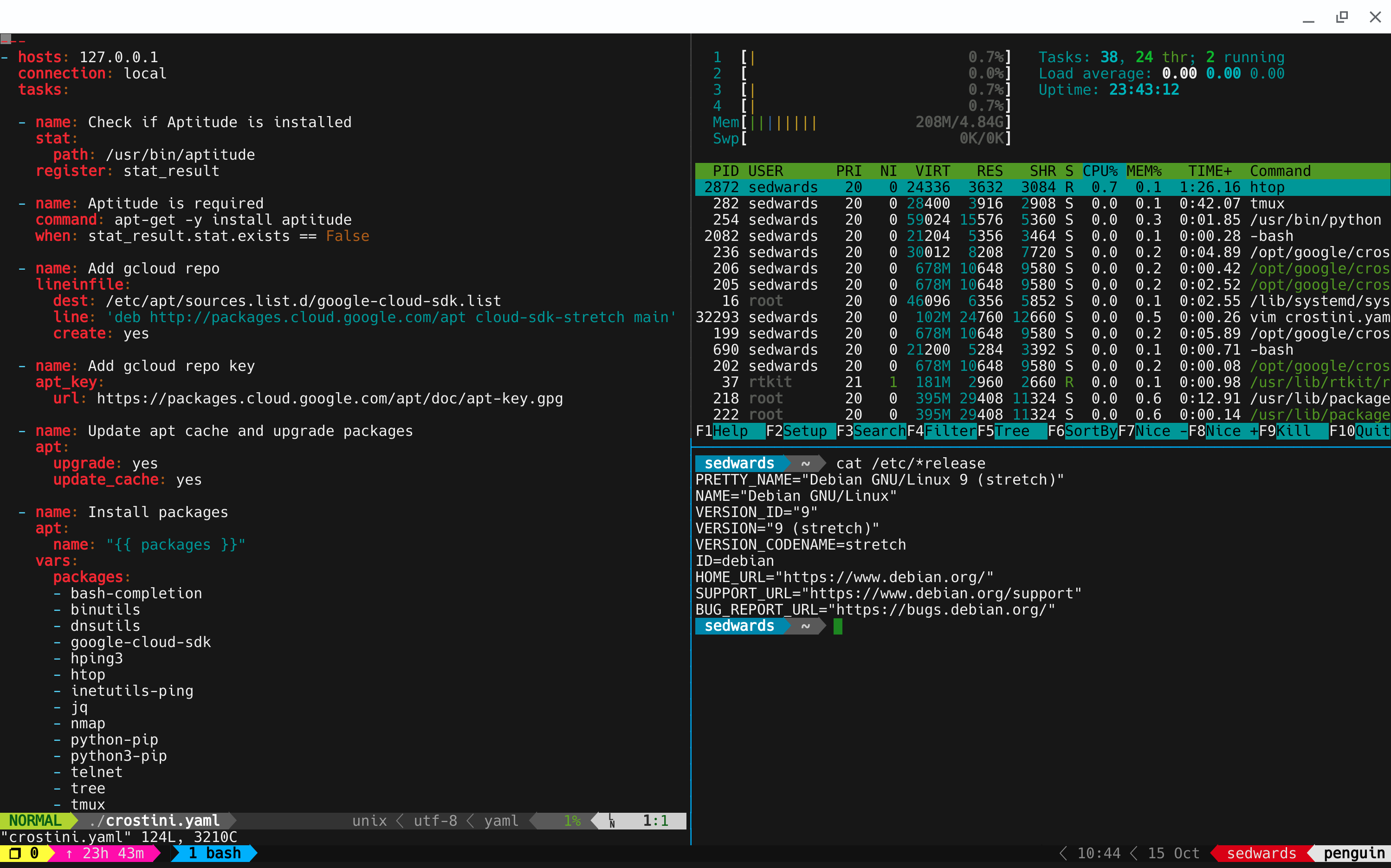 Crostini Screenshot showing powerline, tmux, htop, and vim