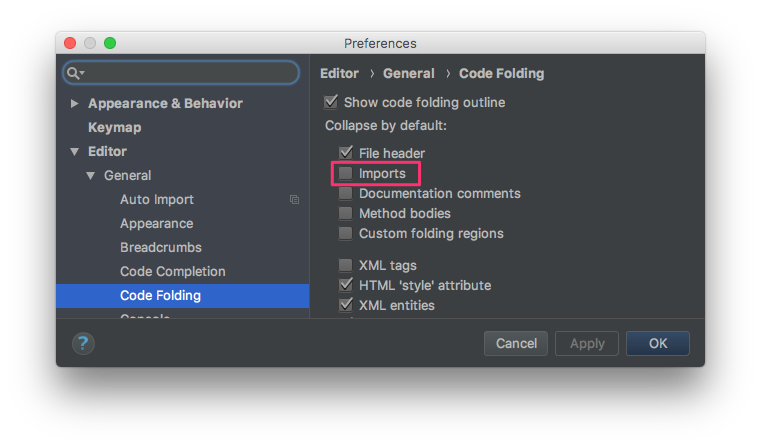 Editor > General > Code Folding > Imports