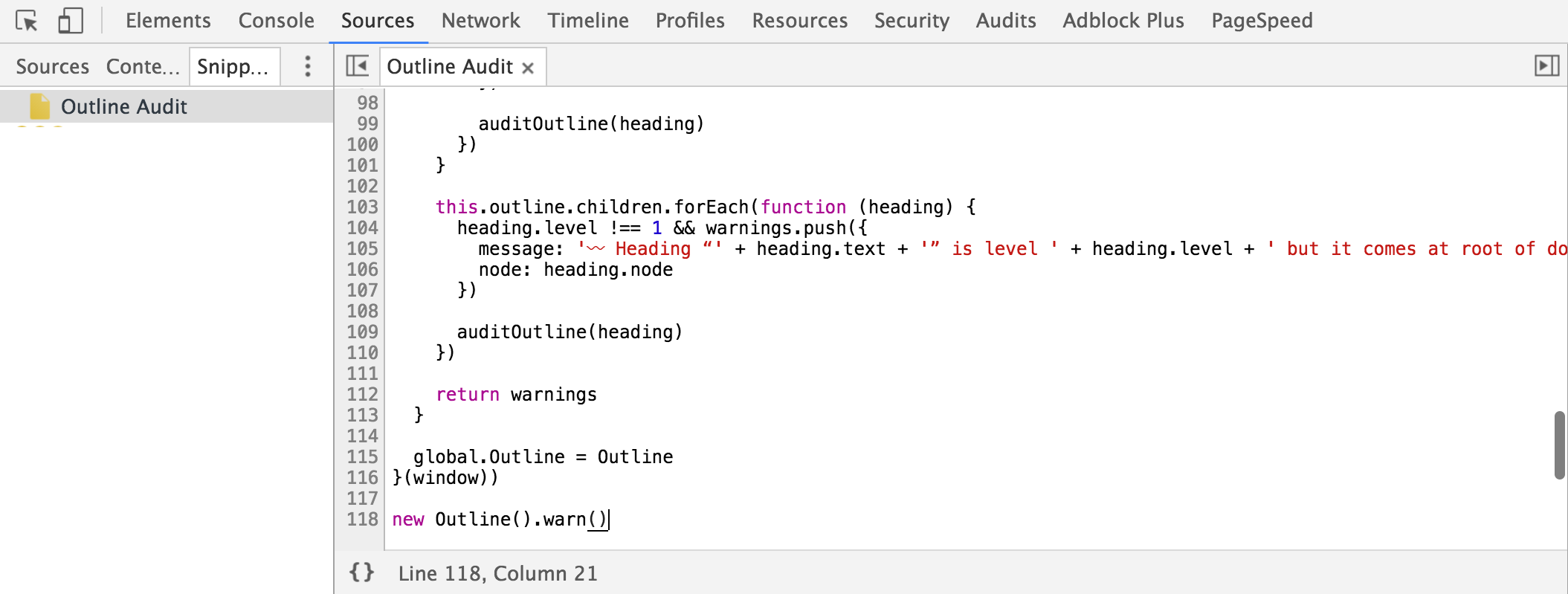 DevTools snippet for Outline Audit