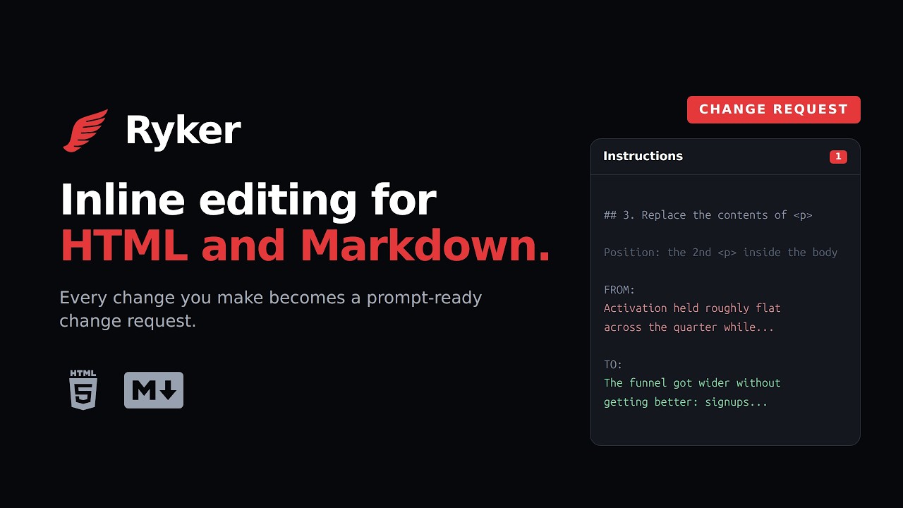 Ryker: edit an authored HTML page inline and export the corrections as agent-ready instructions