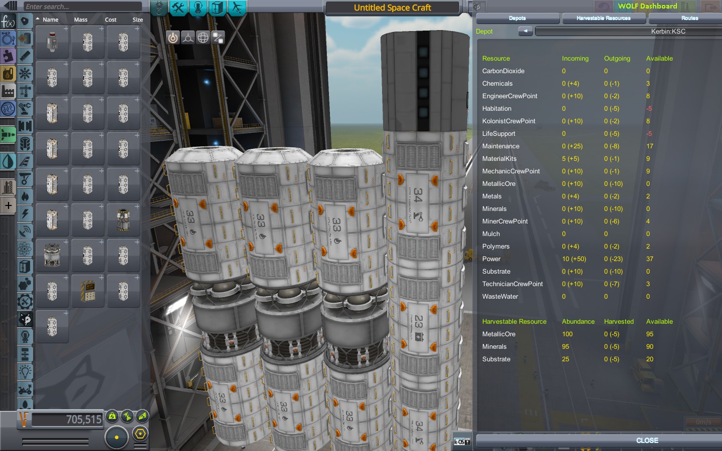 A WOLF fabrication module and supporting equipment, with Kerbals applied, missing life support and habitation