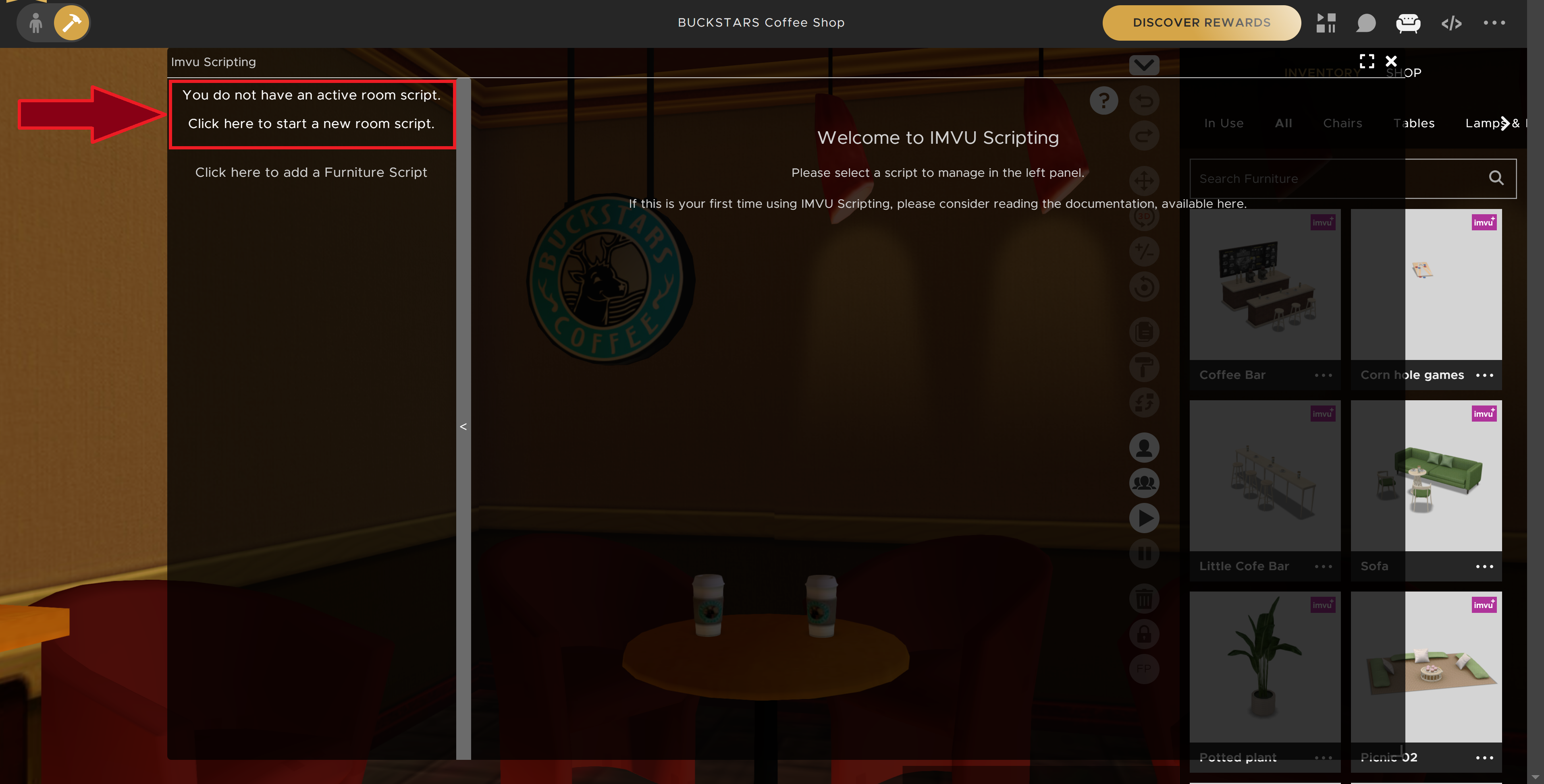 An image of the imvu room deco mode with the scripting UI open. The element which starts a new room script has been highlighted by a red outline with a red arrow pointing to it