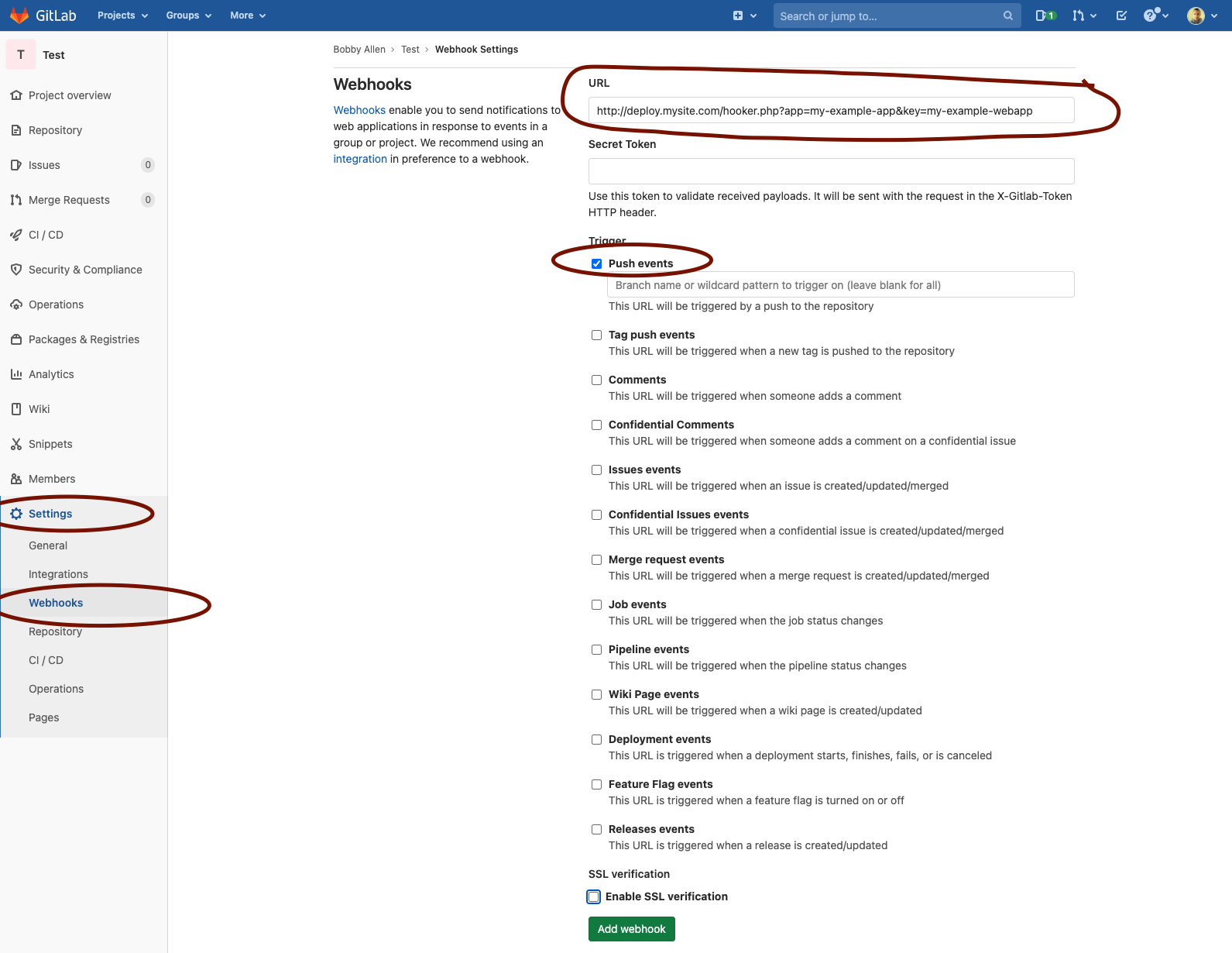 GitLab web hook configuration