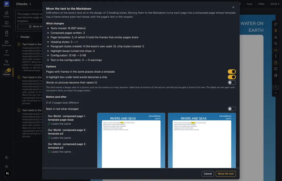 The Move the text to the Markdown dialog, with the list of what changes and the three options.