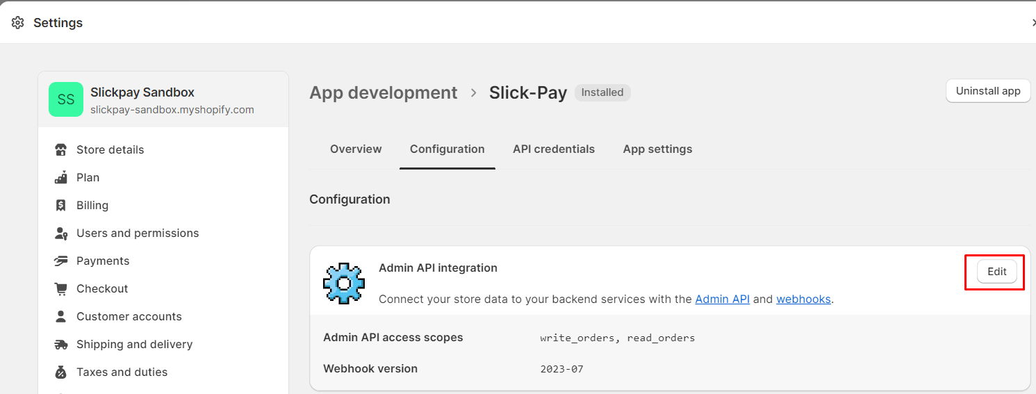 Slick-Pay Shopify Admin API integration