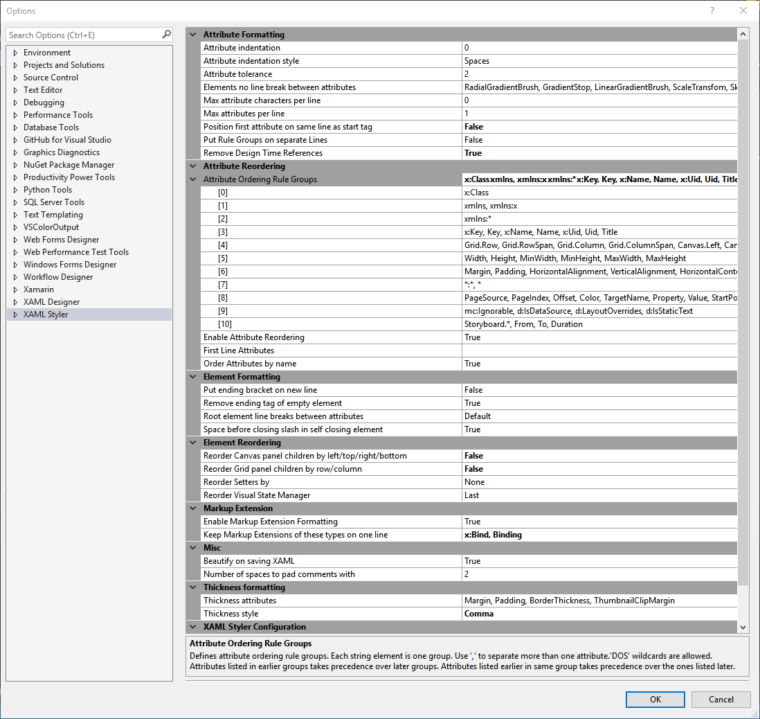 XAML Styler Options