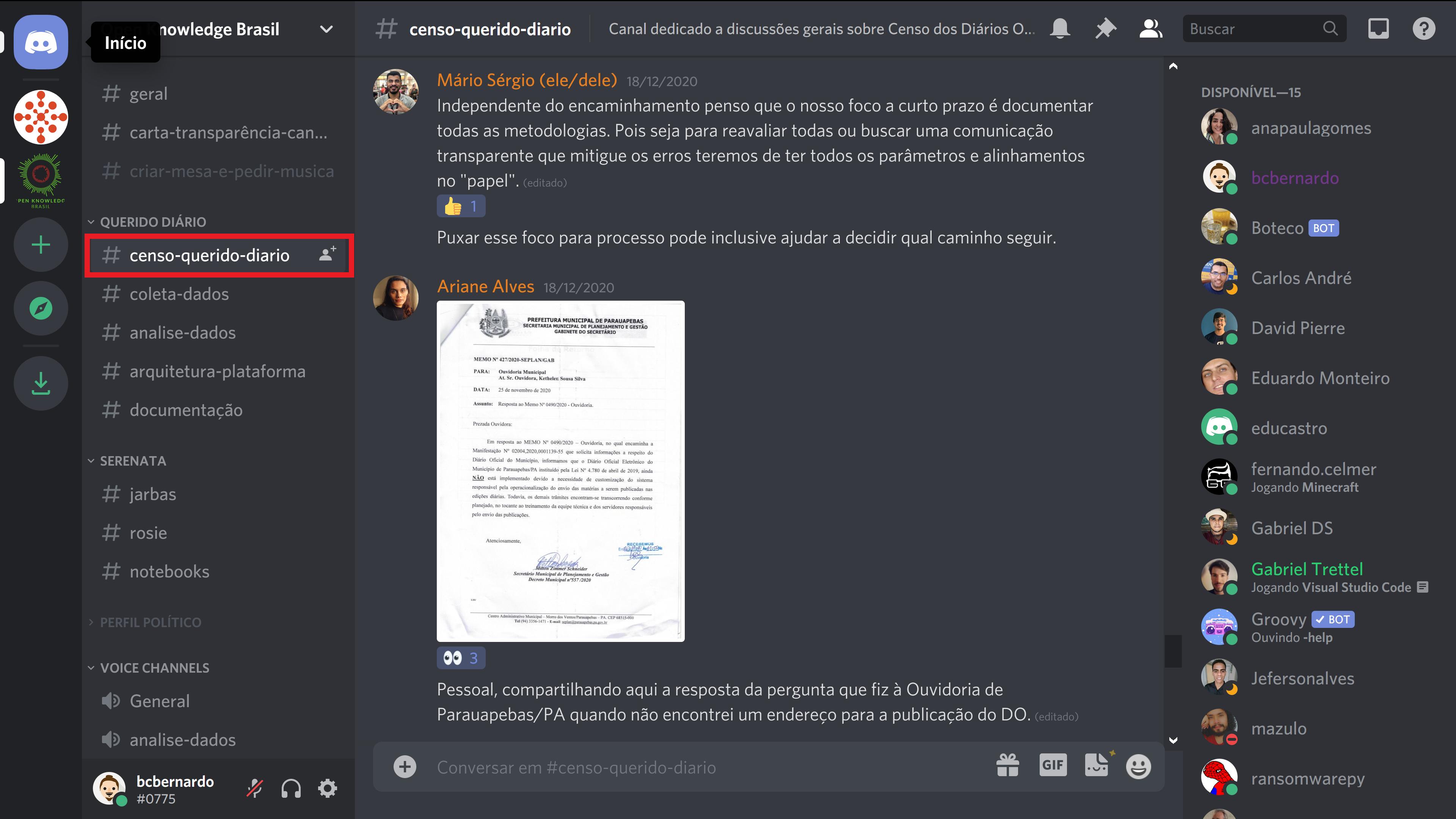 Canal do Censo Querido Diário no Discord