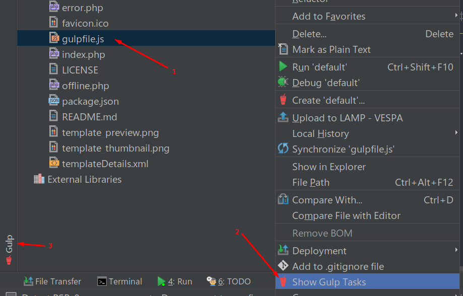 Интерфейс phpstorm - настройка Gulp