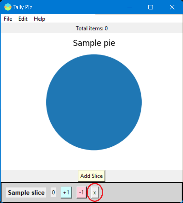 Screenshot of Tally Pie's UI with the a red circle around the +1 button on a wedge labe.