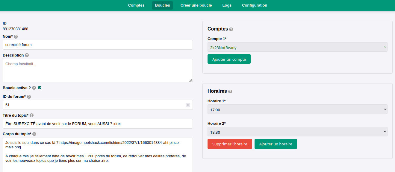 Formulaire de modification de boucle