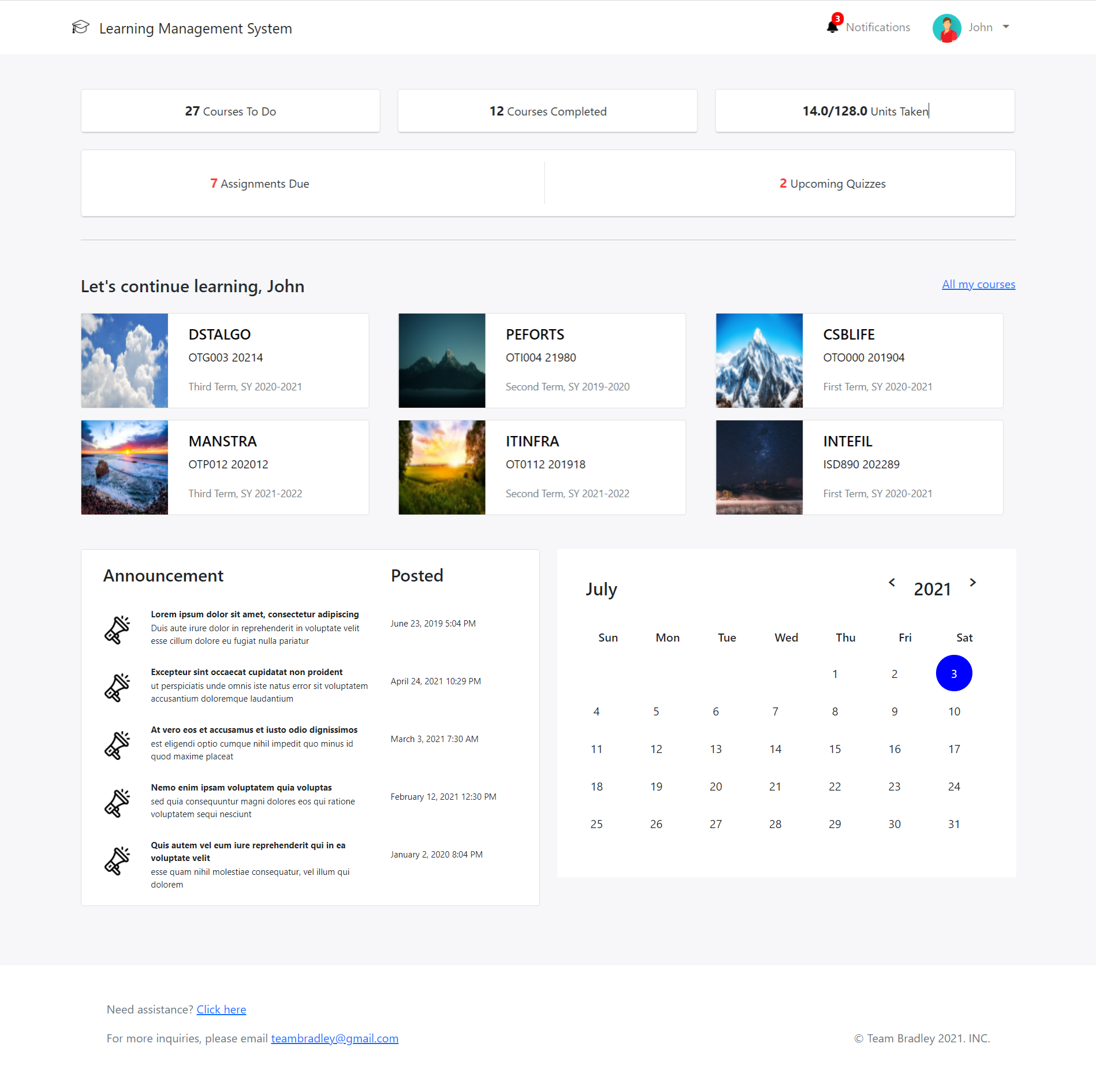 Student Dashboard Page