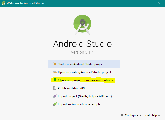 Android Studio startup menu