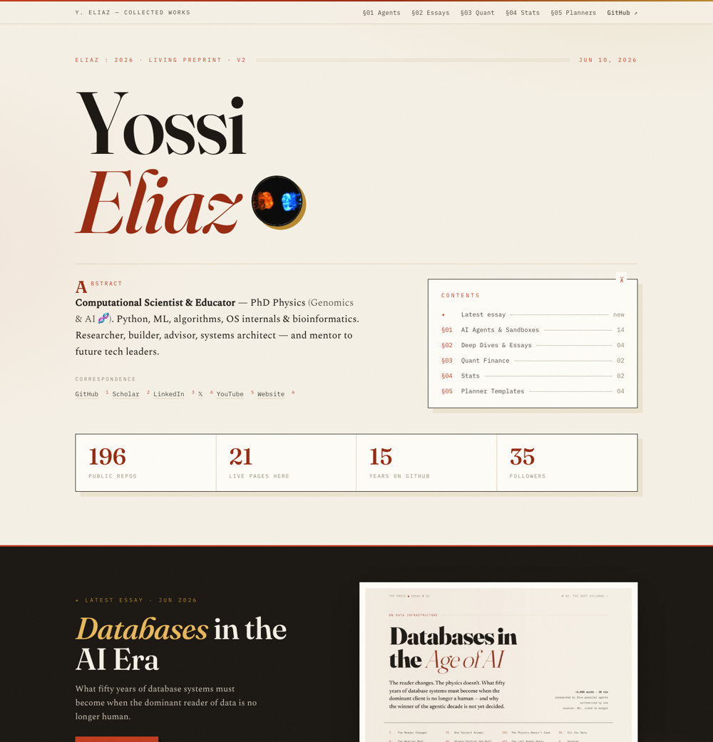 yossi eliaz — a living preprint: personal site with every live essay & demo