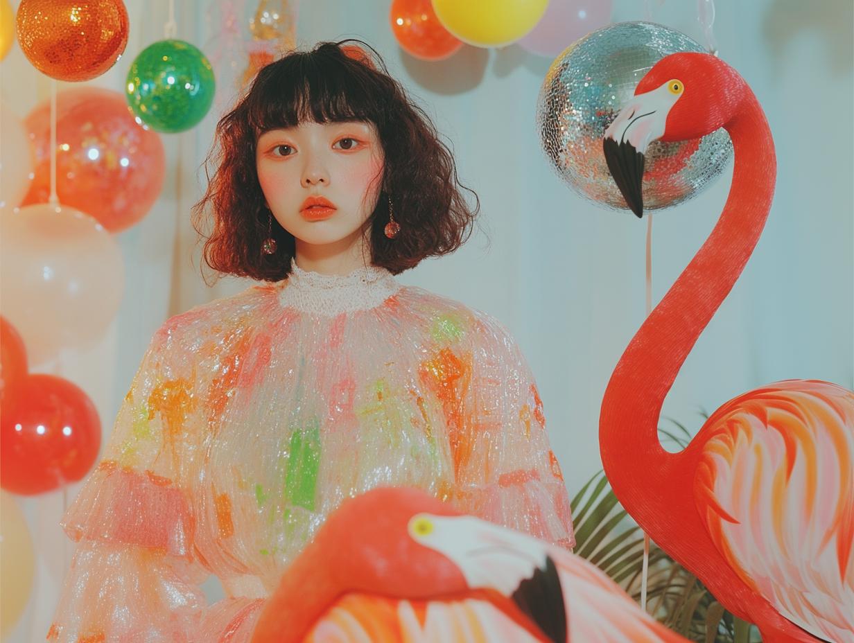 A woman and flamingos attending a disco party