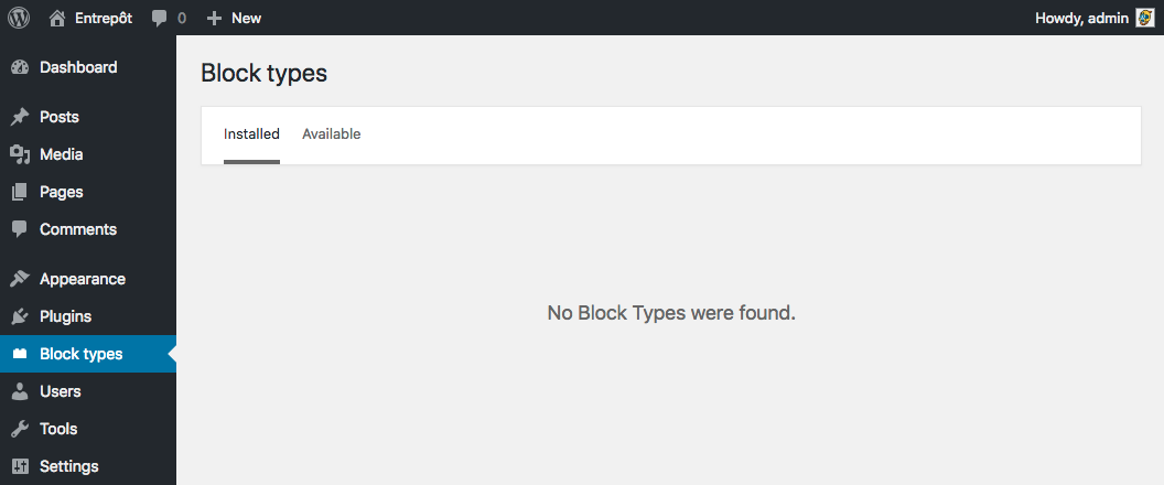 The Block Types Installed Tab