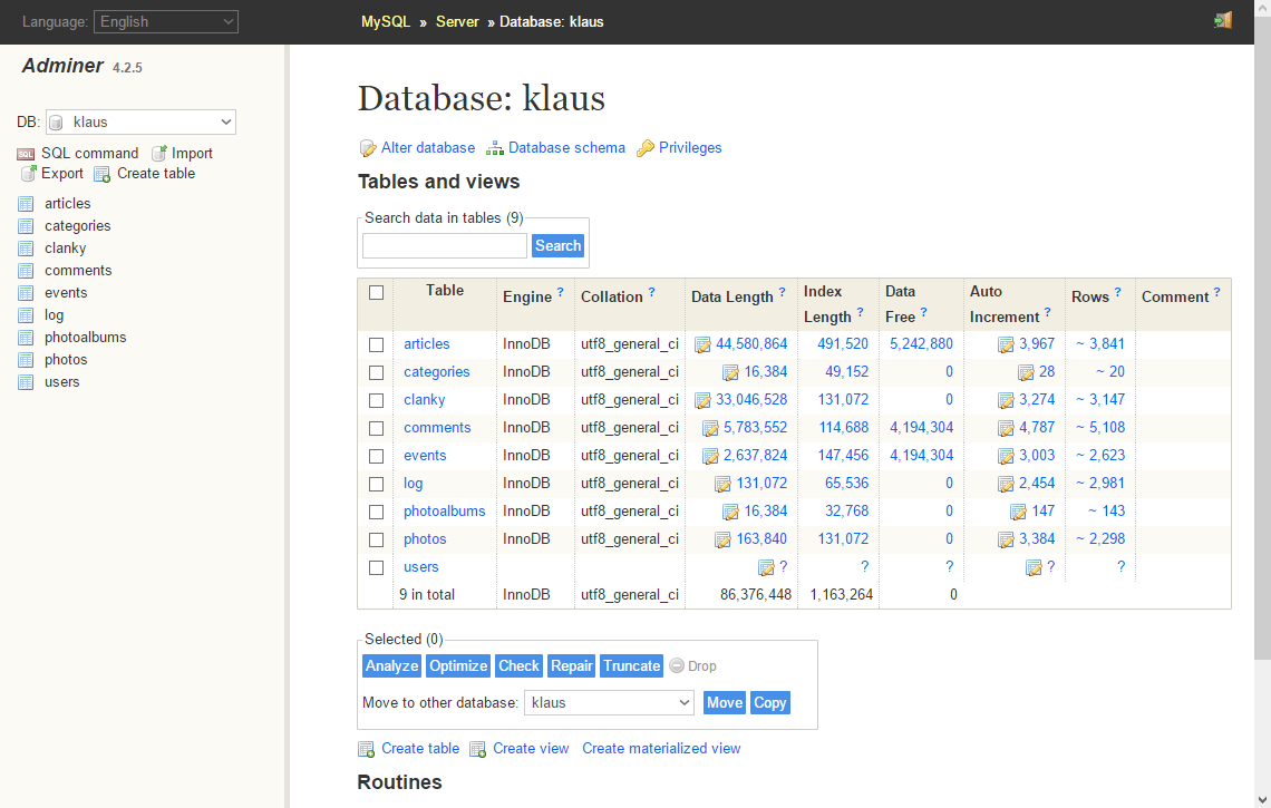 tables overview