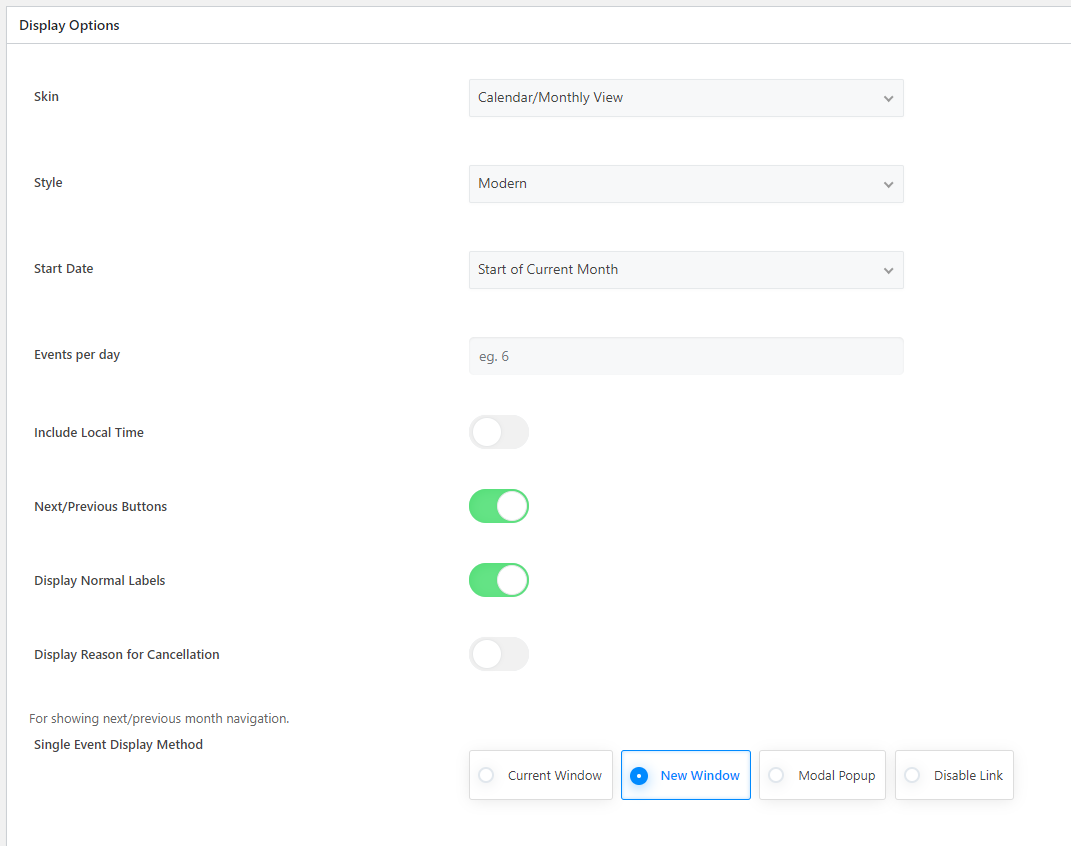 WordPress Event Calendar - Shortcode edit page