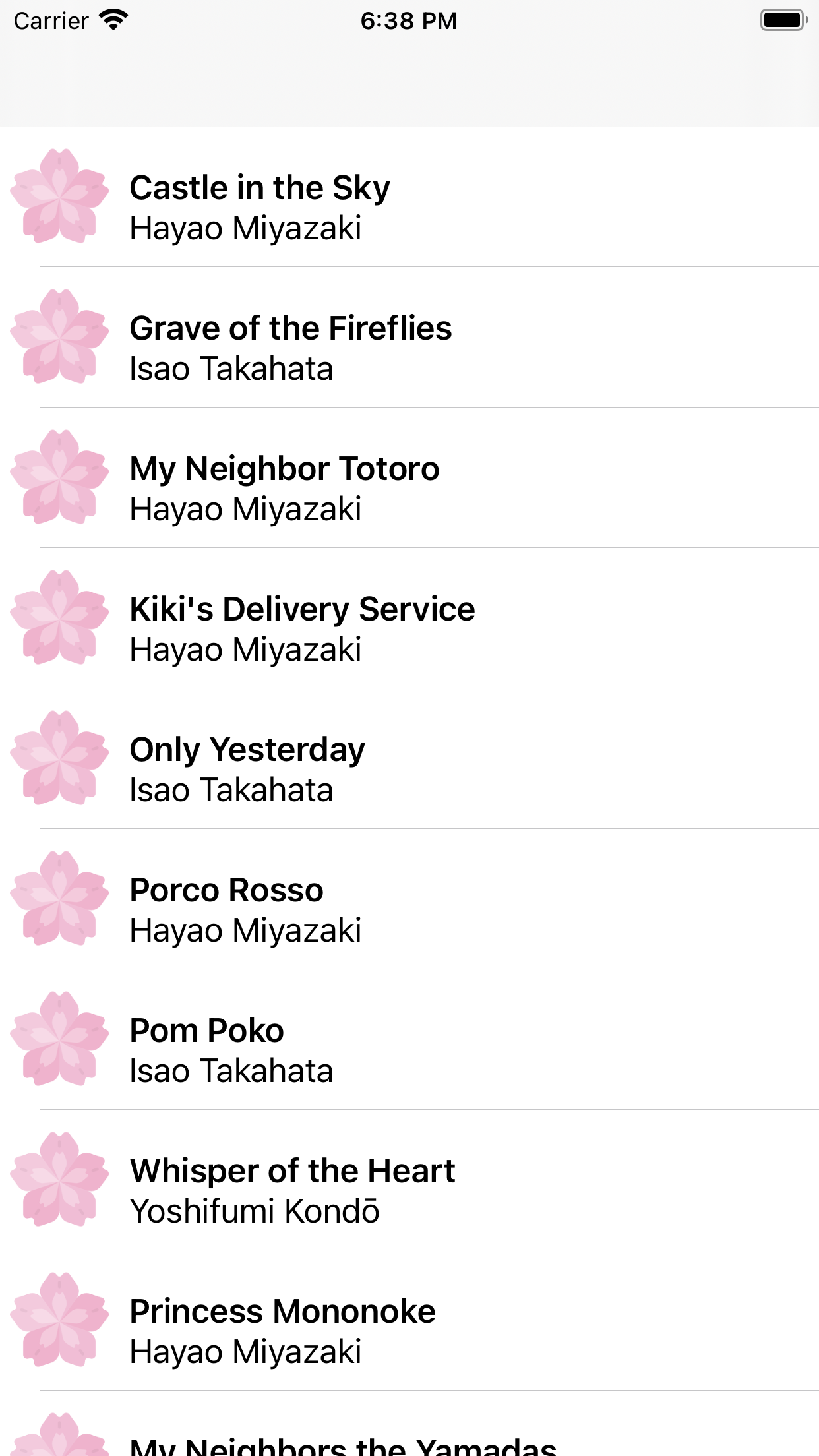 Screenshot of the iOS Application showing data from Open Source Studio Ghibli API in a UITableView