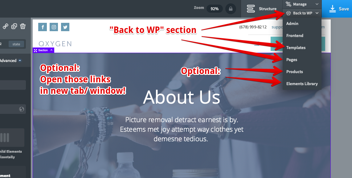 Additional "Back to WP" links in Oxygen Builder's own Toolbar