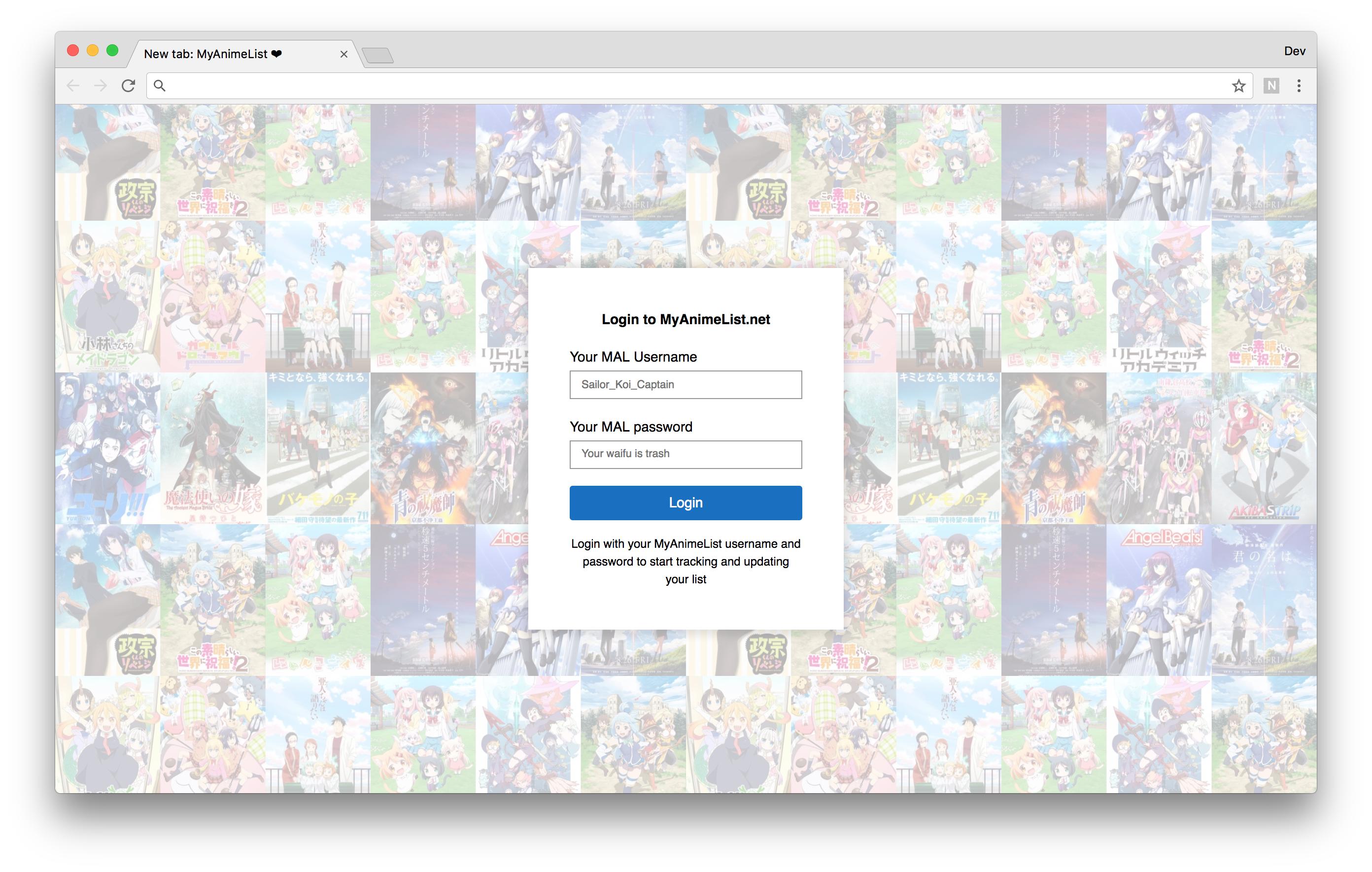 New Tab MyAnimeList - Login screen