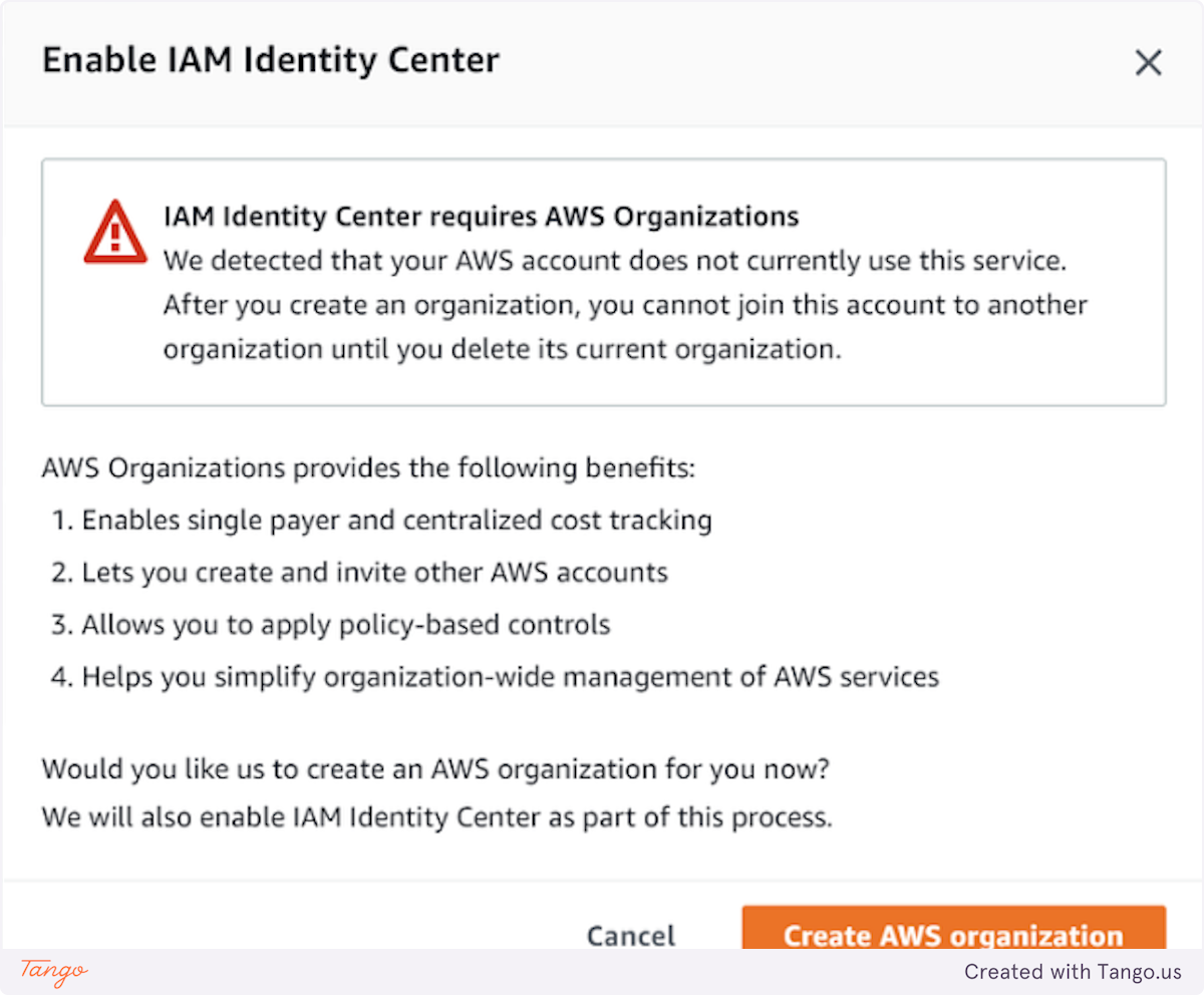 To continue choose Create AWS organization