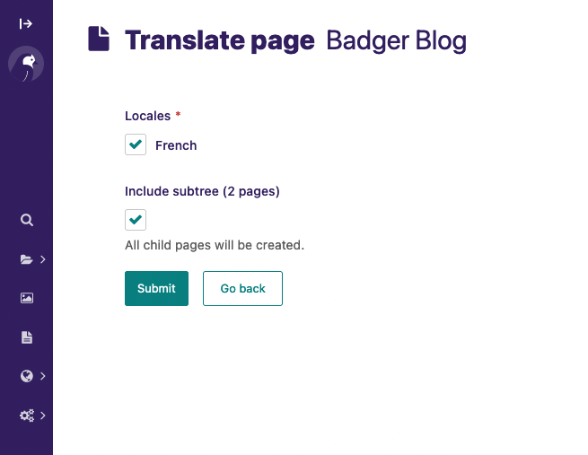 Screenshot showing the translate subtree option in Wagtail
