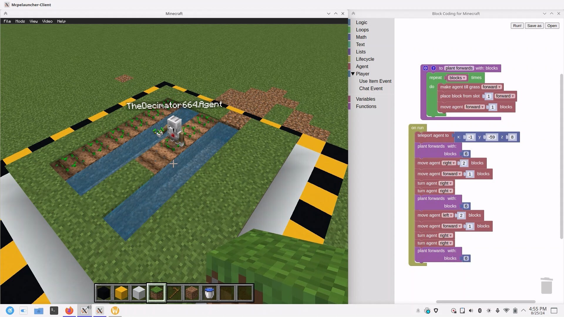 A screenshot of Block Coding for Minecraft being used to make the Agent tend a farm.