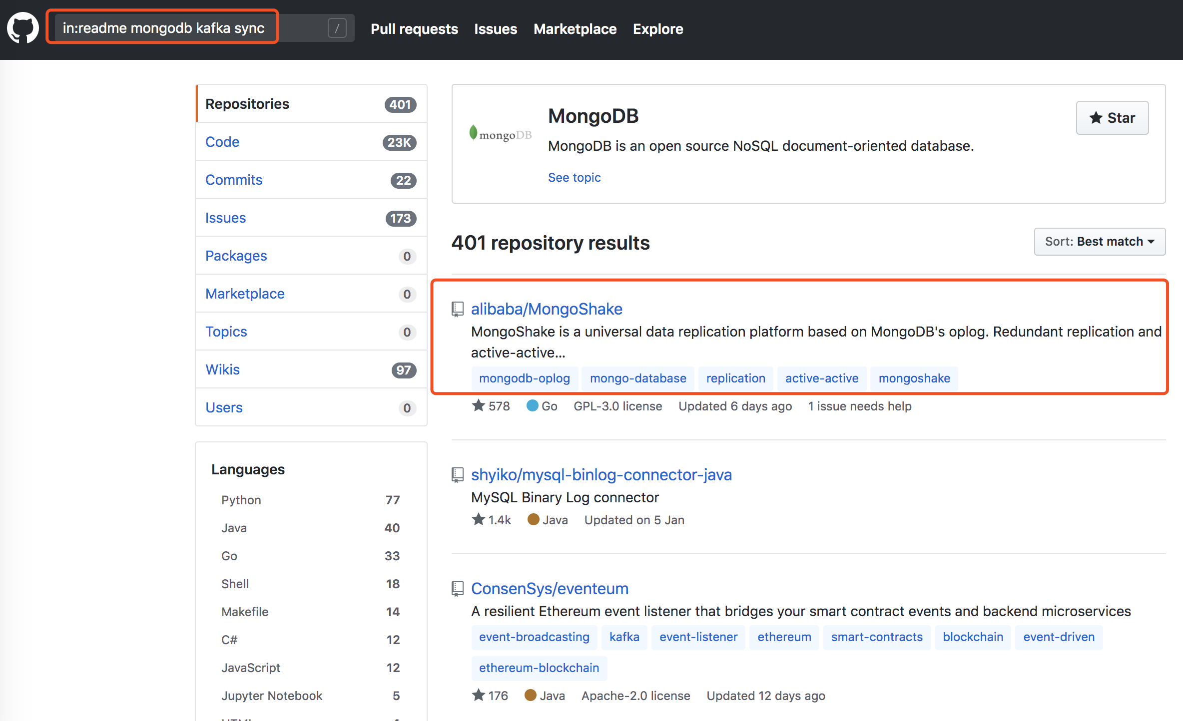 github上搜索mongodb、kafka、sync关键词结果