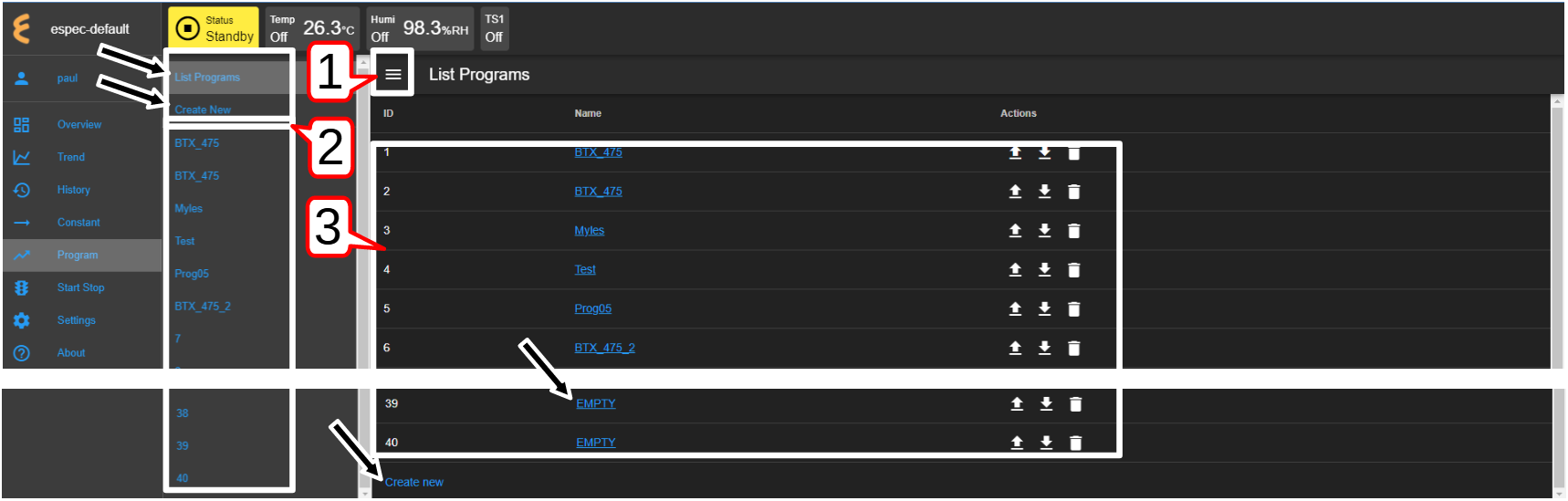 Program listing page with submenu unhidden