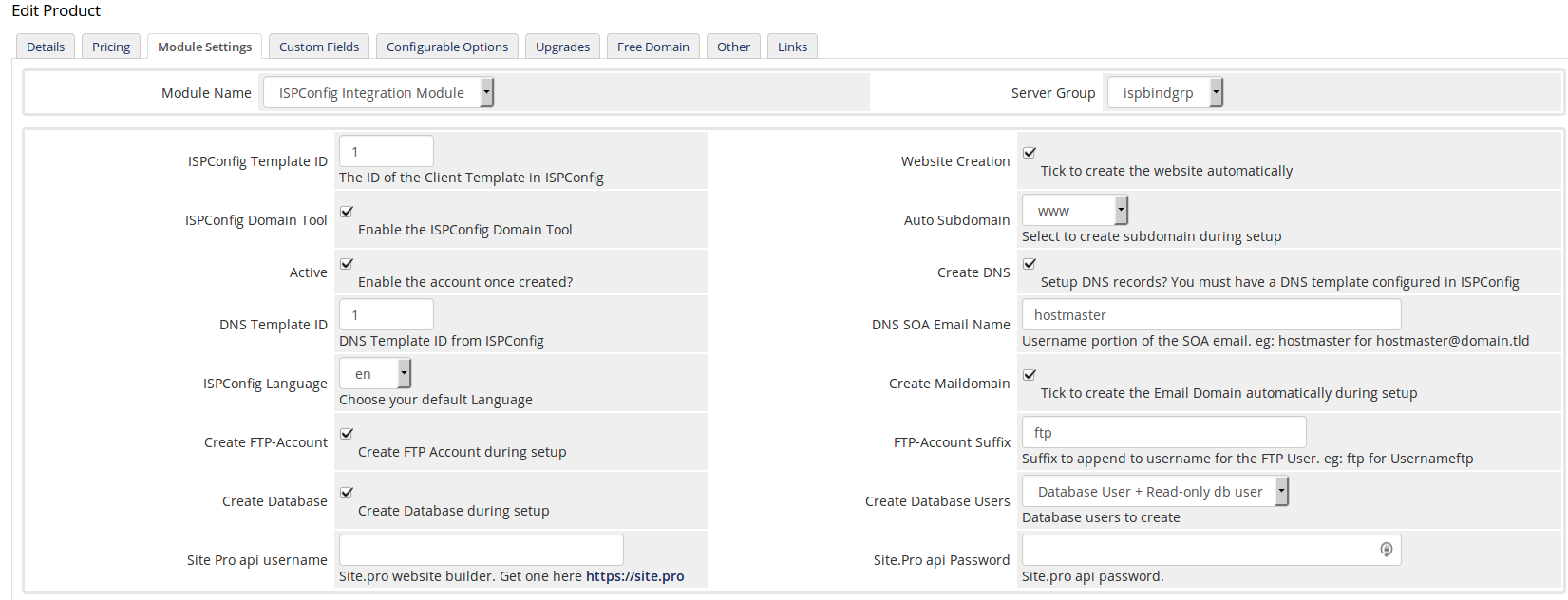 WHMCS Ispcfg3 product configuration