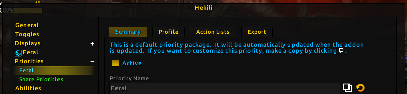 A screenshot of /hekili > Priorities > Feral, showing the Copy Priority icon, which is two overlapping squares.