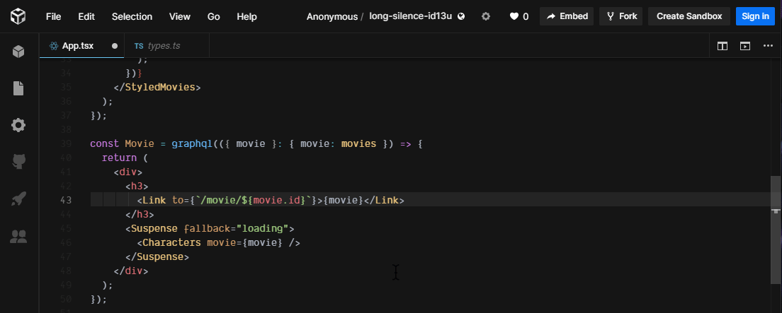 CodeSandbox intellisense demo
