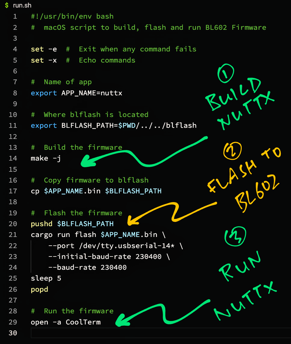 Script to build, flash and run NuttX on macOS