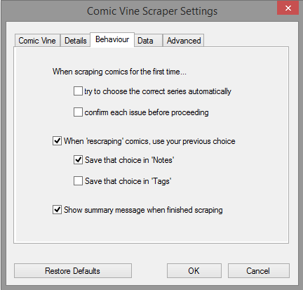 The 'Behaviour' panel of the settings dialog.