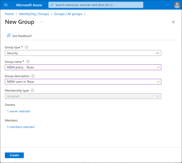 Screenshot of the Create Group feature in the Azure portal.