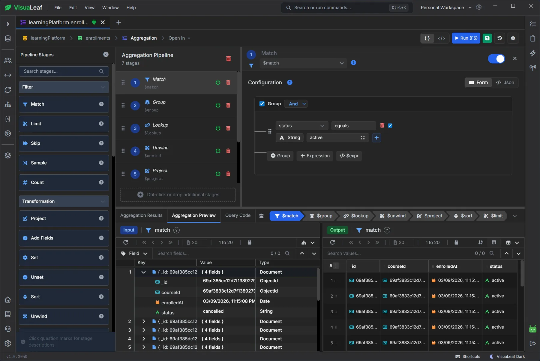 MongoDB aggregation pipeline builder — visual stage designer with live previews