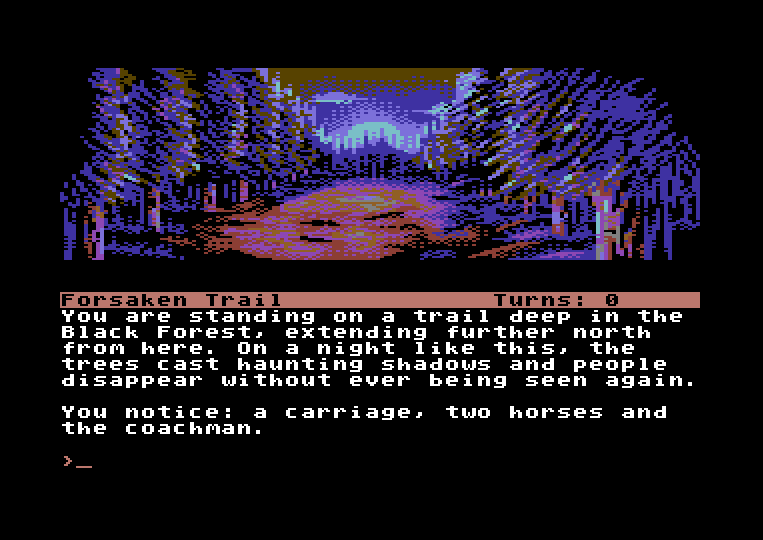 The Curse of Rabenstein (C64 version) by Stefan Vogt, copyright (c) 2020 Puddle Software. Created with DAAD, using Maluva for pixel image support.