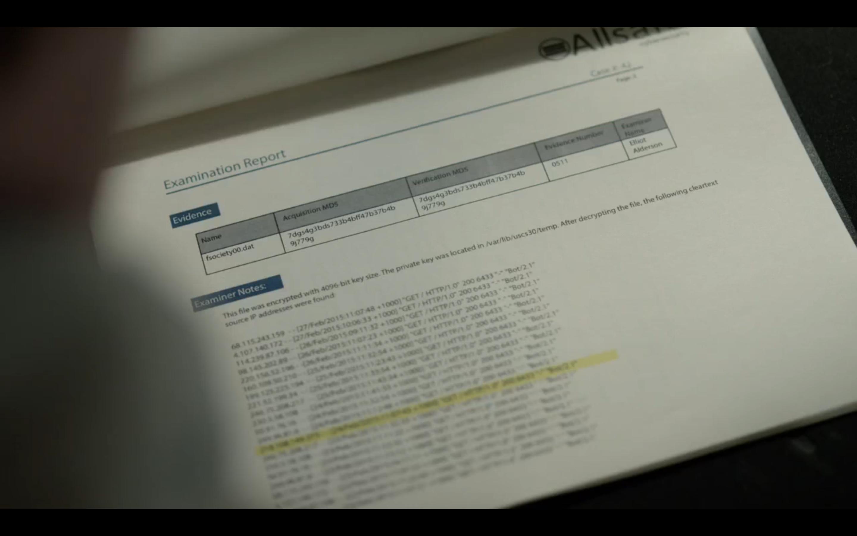 Gideon examines Elliot's forensic examiner report on the encrypted .dat file, :robot: screenshot 📷