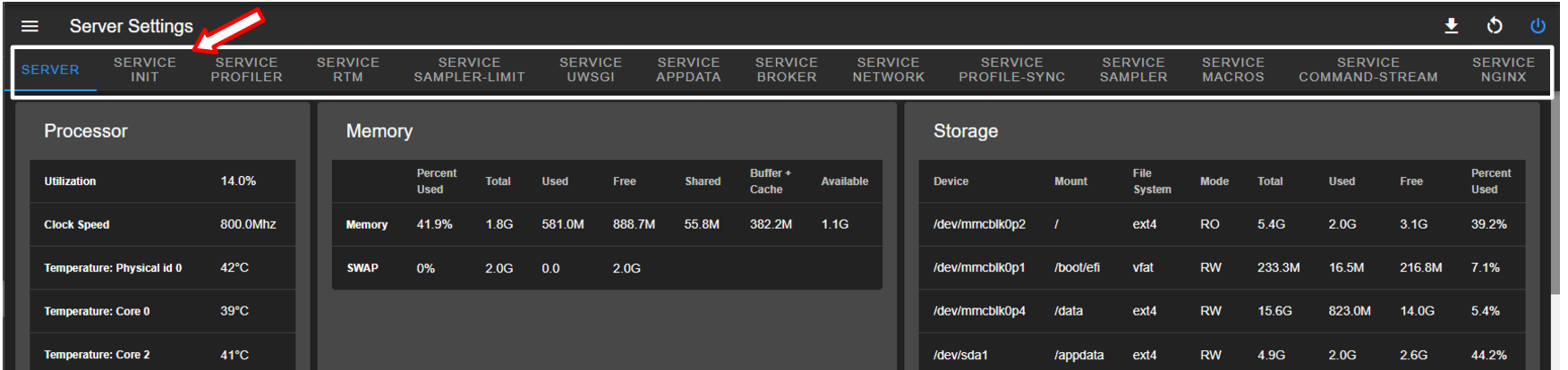 Server settings control center